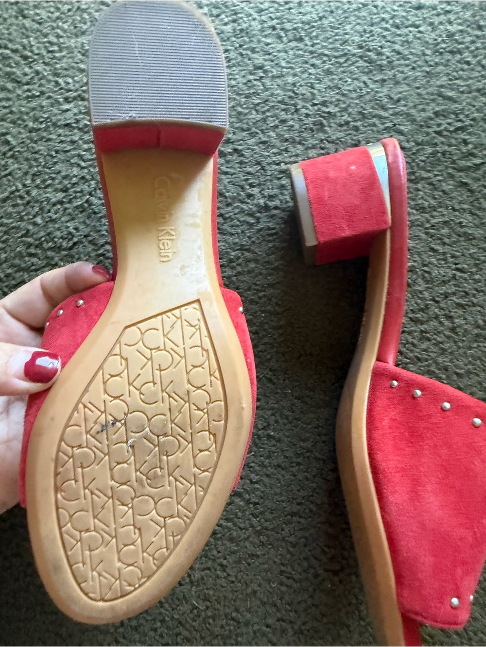 Calvin Klein Red Suede Slide Mules with Silver Studs - Picture 5 of 5